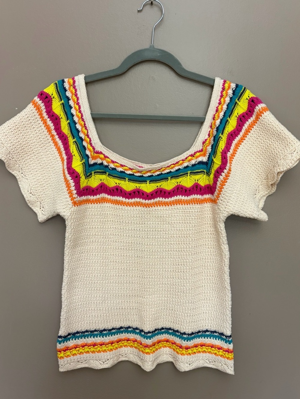 See and Be Seen Cream Multicolored Crochet Cotton Sweater Boho Sz L